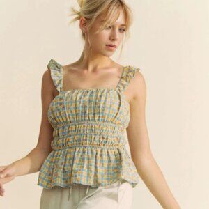 Davi & Dani Plaid Ruffled Strap Smocked Sleeveless Top